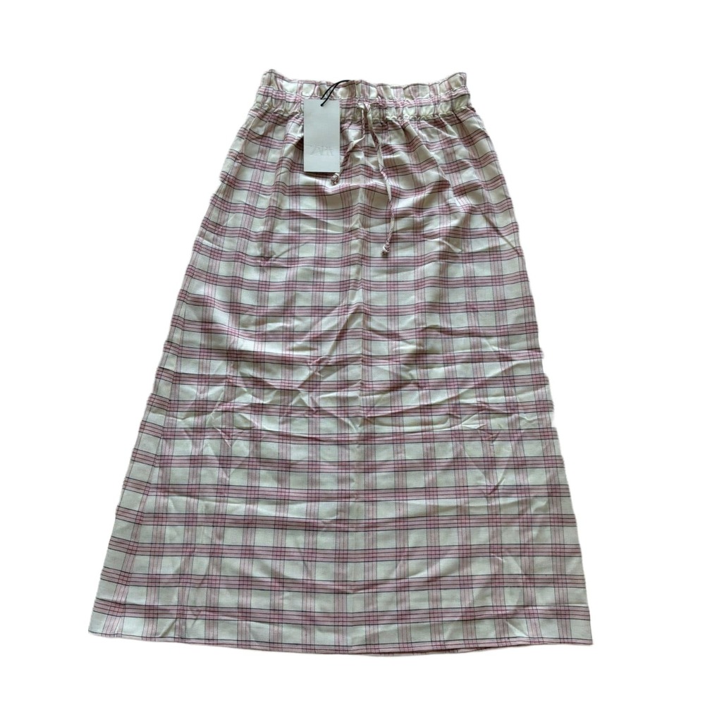 Zara Plaid Midi Skirt Women's XS Pink Cream Check Linen Blend Drawstring NWT